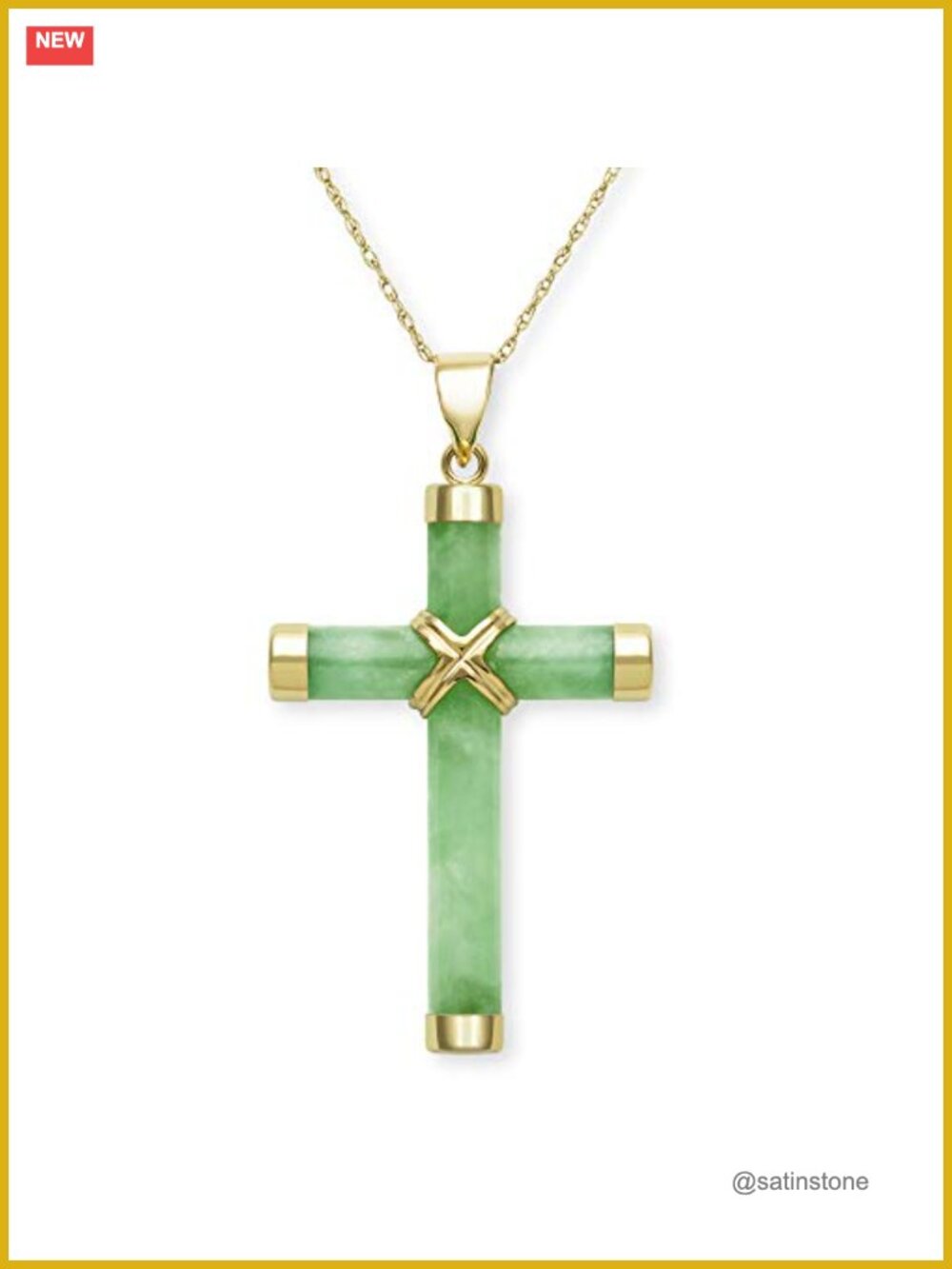 Natural Green Jade Cross Pendant Necklace 14K Yellow Gold